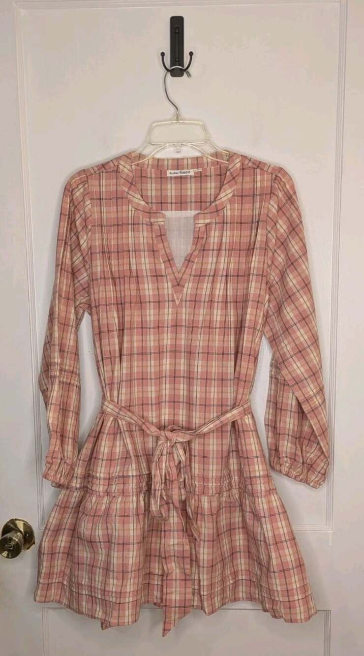 Roller Rabbit Pink Plaid Tiered L/S Mini Dress Womens Size Medium Flannel Cotton